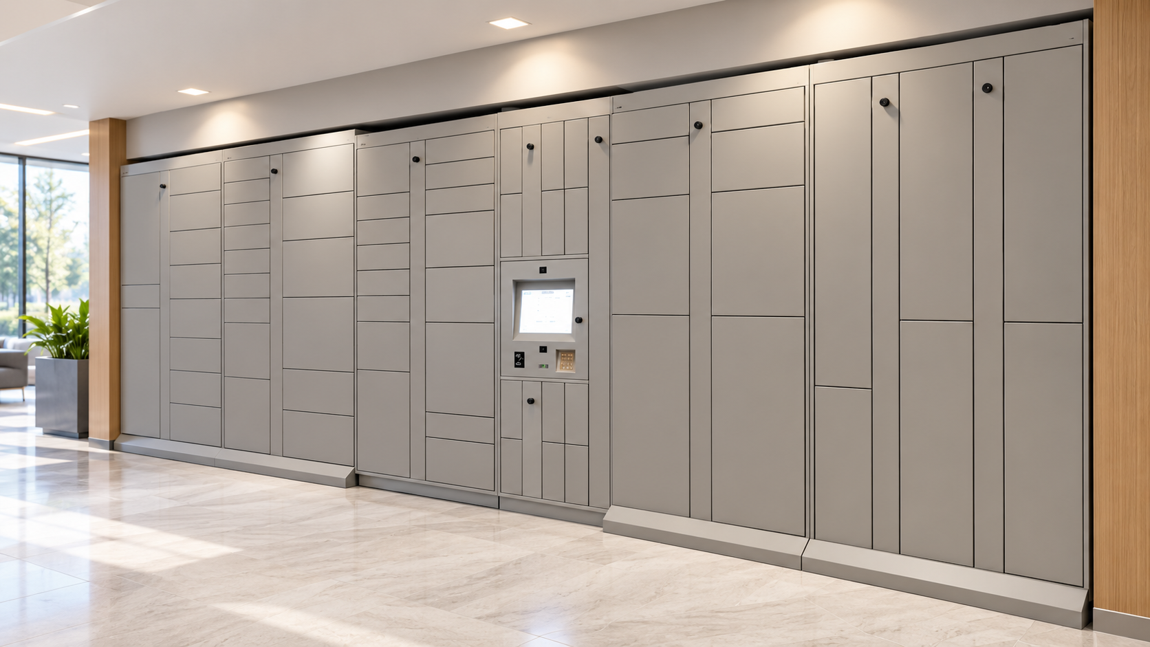 Wide Stone-gray Smart Parcel Locker Bank With Varied Compartments And a Central Touchscreen Kiosk In a Bright Corporate Mailroom | Package Nexus